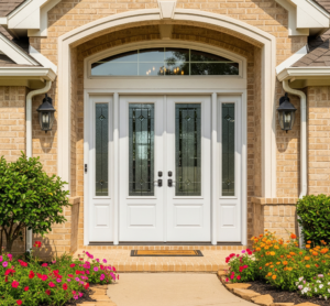 A brick home in Corinth, Texas, featuring new white double entry doors with decorative glass panels by 1n20 Home Services