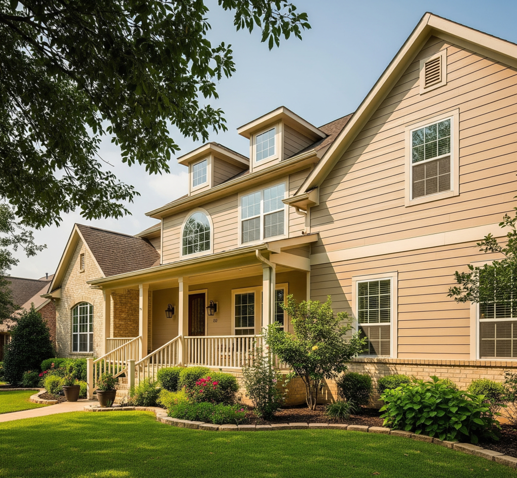 A DFW, Texas home with light-colored fiber cement siding and a front porch, bathed in summer sunlight by 1n20 Home Services