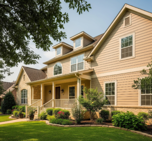 A DFW, Texas home with light-colored fiber cement siding and a front porch, bathed in summer sunlight by 1n20 Home Services