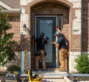 Two workers install a front entry door in a brick house in DFW, TX by 1n20 Home Services