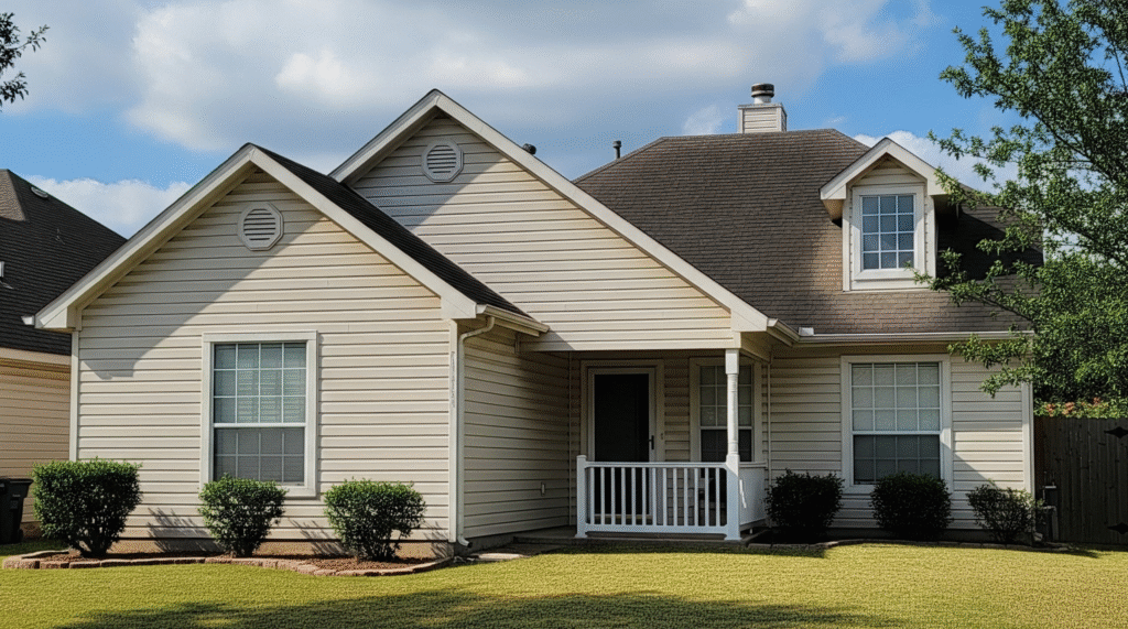 A one-story DFW, TX home with light-colored vinyl siding, a small porch, and a well-maintained lawn under a partly cloudy sky by 1n20 Home Services