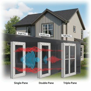 An illustration demonstrating the insulation and soundproofing differences between single, double, and triple-pane windows on a house by 1n20 Home Services