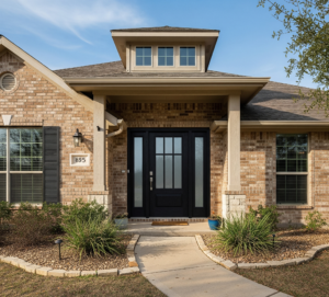 A DFW, Texas home with a dark fiberglass entry door, brick and siding exterior by 1n20 Home Services