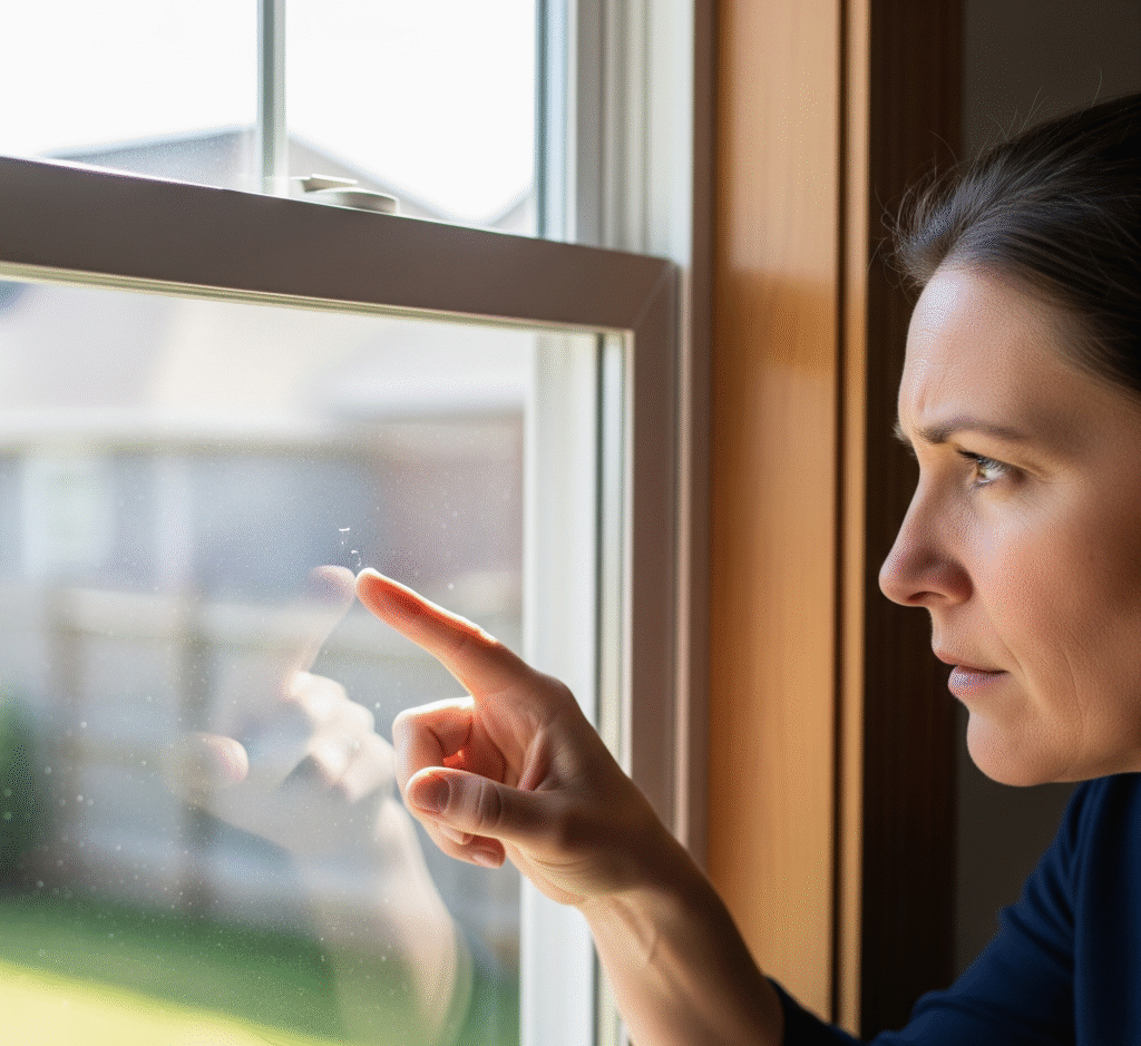 A woman points to a flaw on a windowpane, appearing concerned