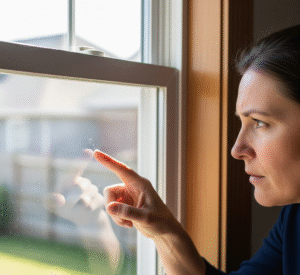 A woman points to a flaw on a windowpane, appearing concerned