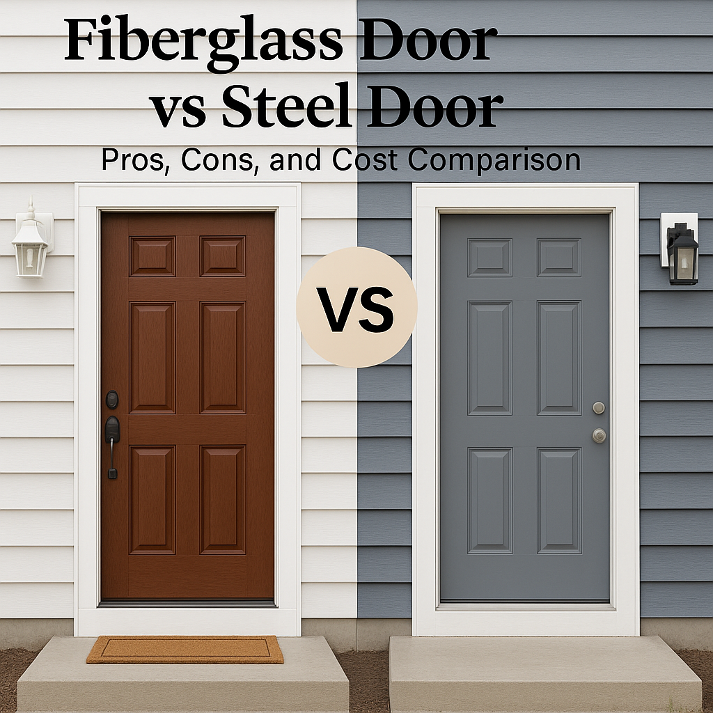 Side-by-side comparison of a brown fiberglass door and a gray steel door on suburban homes with text “Fiberglass Door vs Steel Door BY 1n20 Home Services