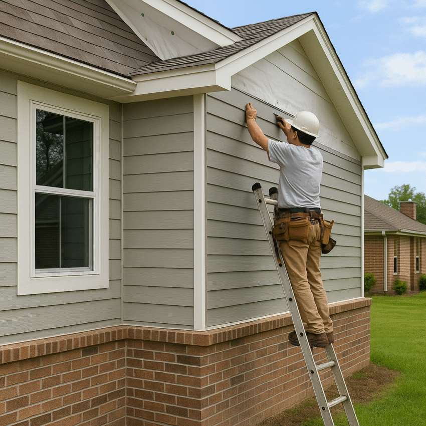 A construction worker on a ladder installs gray vinyl siding on a Denton, Texas home with a brick foundation by 1n20 Home Services