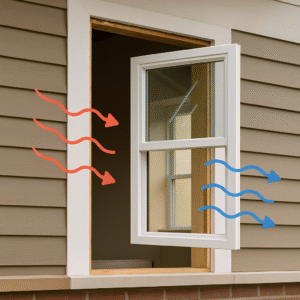 Partially installed white-framed window on a suburban home with siding, showing warm and cool air flow during replacement by 1n20 Home Services