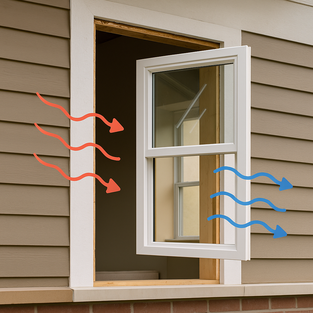 Partially installed white-framed window on a suburban home with siding, showing warm and cool air flow during replacement by 1n20 Home Services