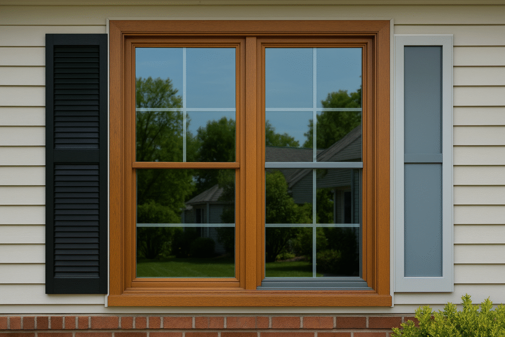 Close-up of a suburban home window with natural wood frame, black and gray shutters, reflecting trees and houses in the glass by 1n20 Home Services