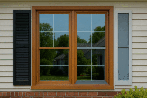 Close-up of a suburban home window with natural wood frame, black and gray shutters, reflecting trees and houses in the glass by 1n20 Home Services