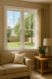 A warm, neutral-toned living room featuring a beige sofa, wooden side table with a plant and lamp, and a large energy-efficient double-hung window allowing natural daylight to brighten the space and provide a clear view of a fenced backyard in Texas by 1n20 Home Services