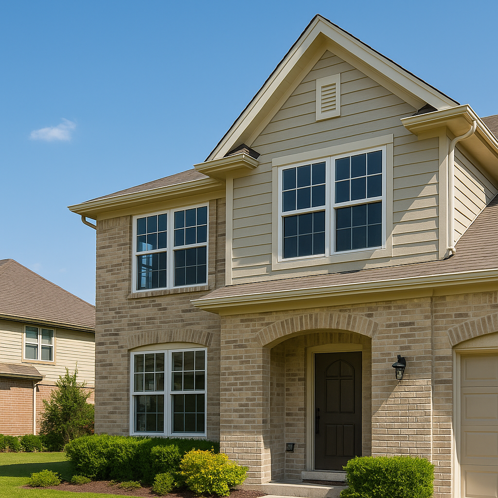 Two-story suburban Texas home with tan siding and brick exterior, featuring newly installed energy-efficient double-pane windows by 1n20 Home Services