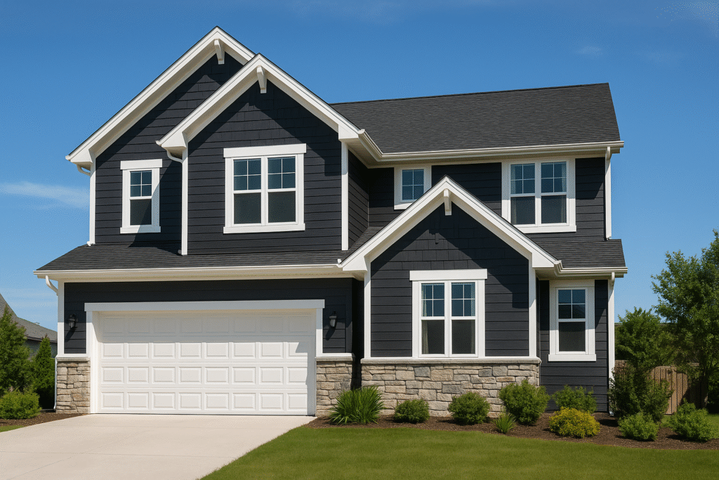 Texas home showcasing dark siding and contrasting white trim, a 2025 exterior trend.