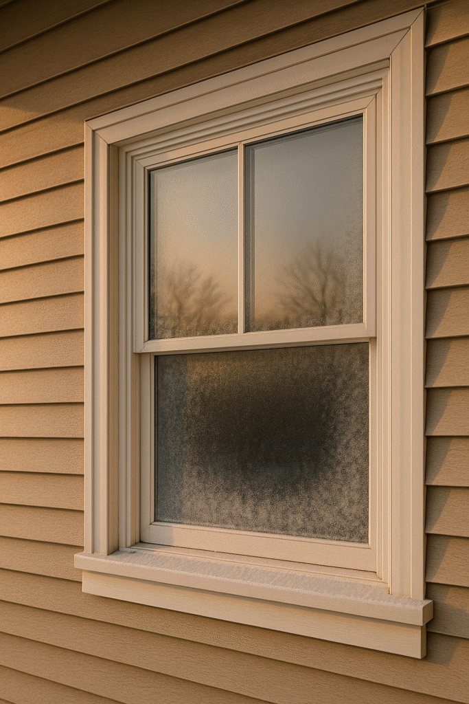 Texas suburban window with light frost during a winter morning