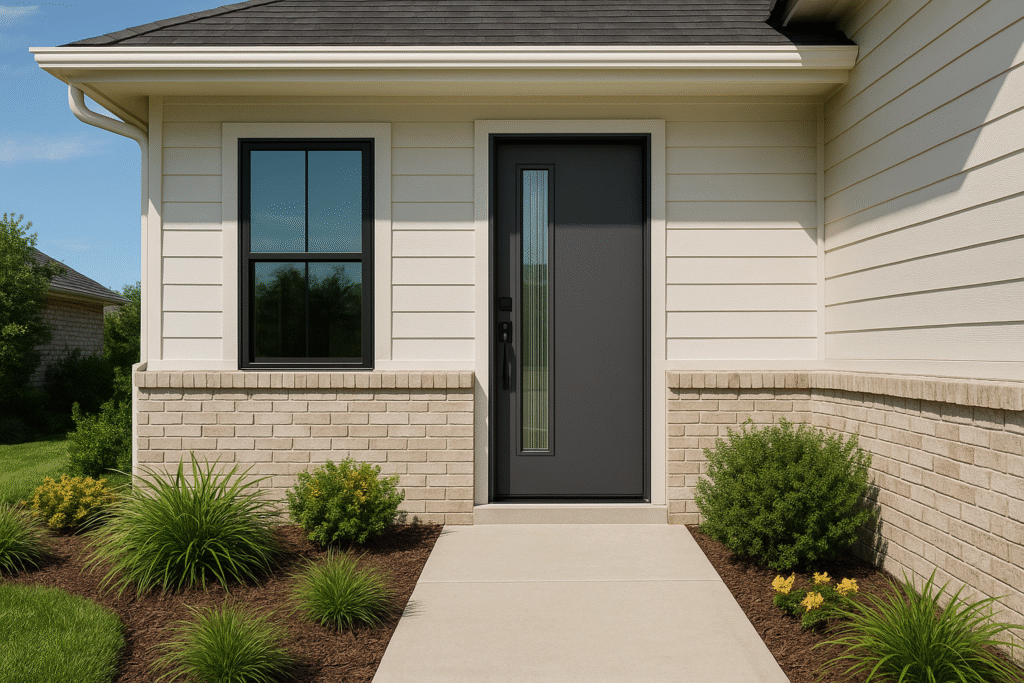 Modern Texas front door with smooth panel design and decorative glass insert.