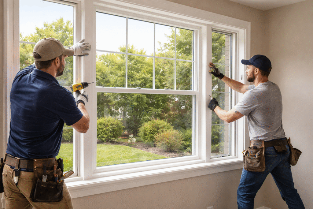 Professional window installers securing a new window in a Texas home