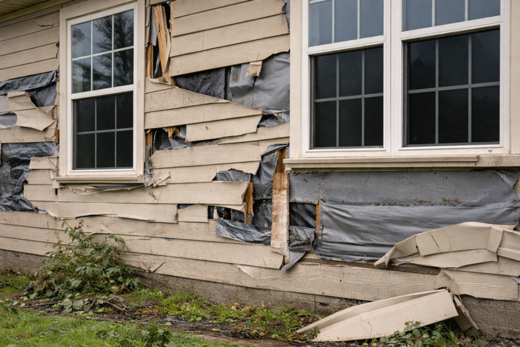 Close-up of storm-damaged siding on a DFW home