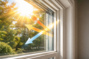 Low-E window glass reflecting heat and blocking Texas sunlight.