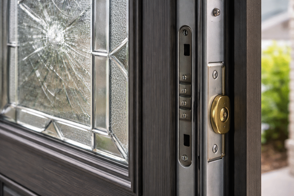 Close-up of impact-rated entry door glass and reinforced lock system