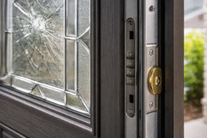 Close-up of impact-rated entry door glass and reinforced lock system