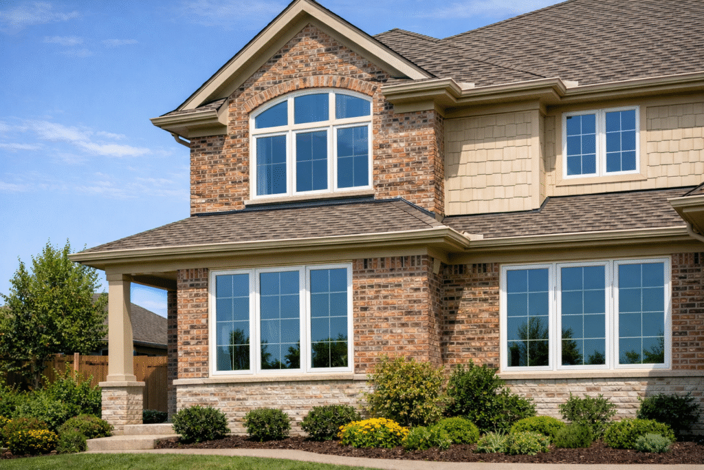 Close-up of energy-efficient replacement windows on a Texas suburban home.