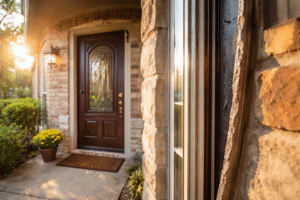Newly installed energy-efficient fiberglass entry door on a Texas suburban home.