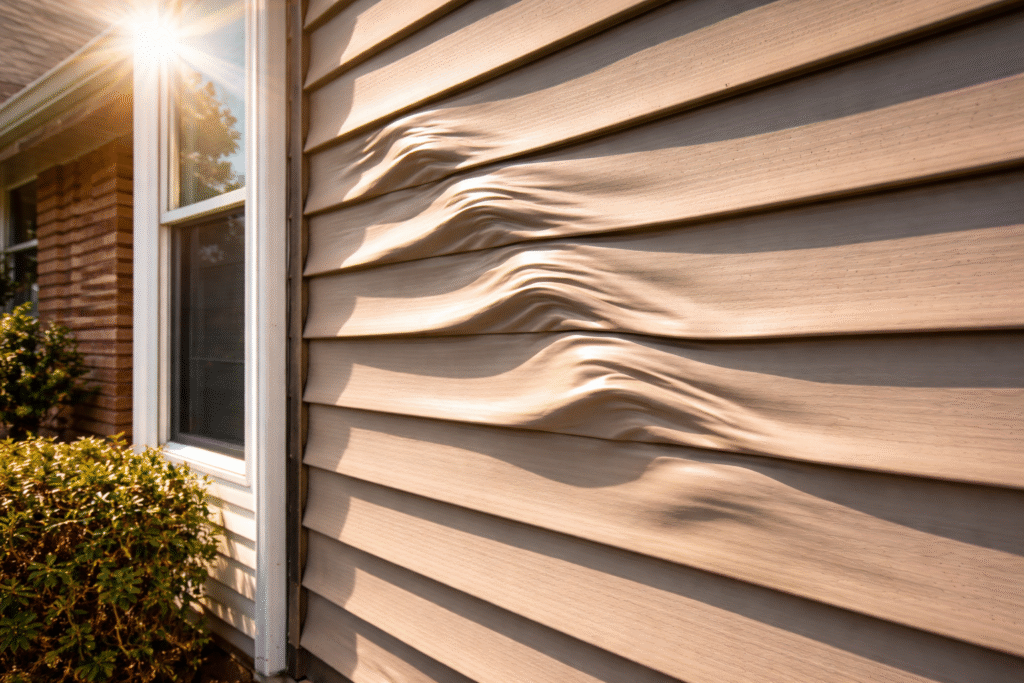 Warped vinyl siding caused by reflected sunlight on a suburban home exterior.