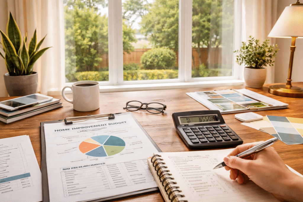 Homeowner reviewing a window replacement budget at a table with a calculator and notes, with natural light coming through large windows in a Texas home.