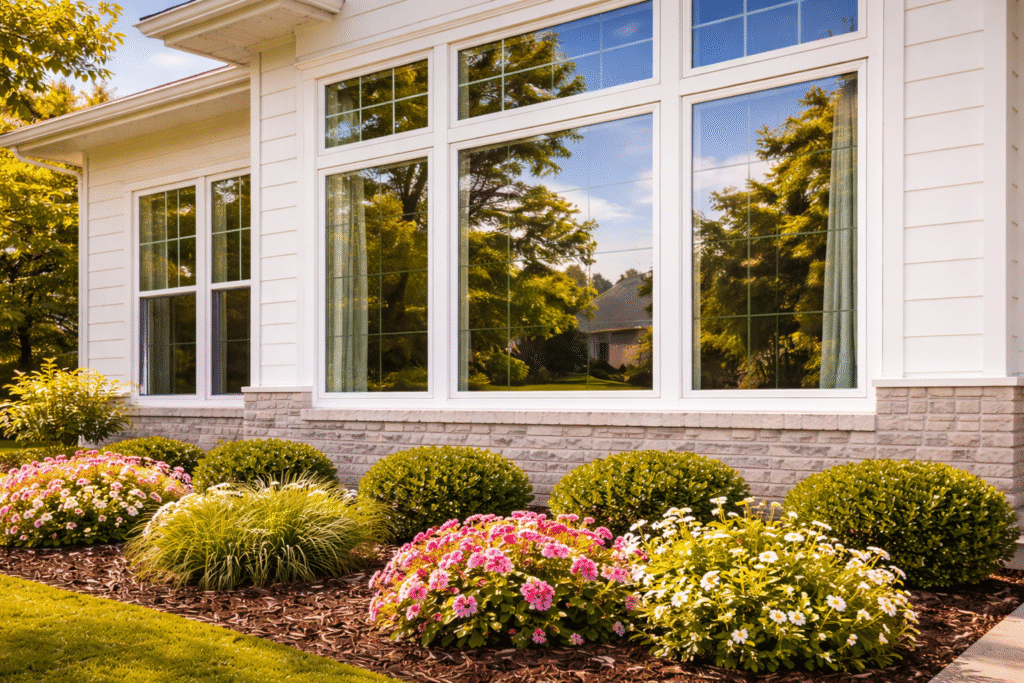 Close-up of energy-efficient Low-E vinyl windows on a white Plano, Texas home with landscaped garden.