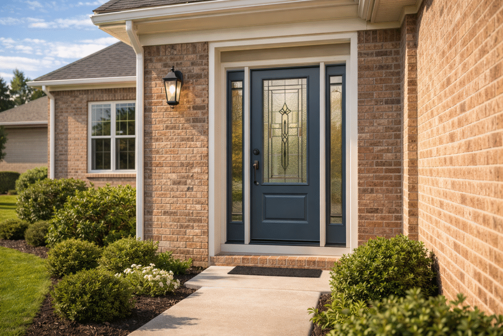 Modern fiberglass front entry door with decorative glass panels on a Dallas suburban brick home exterior.