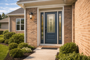 Modern fiberglass front entry door with decorative glass panels on a Dallas suburban brick home exterior.