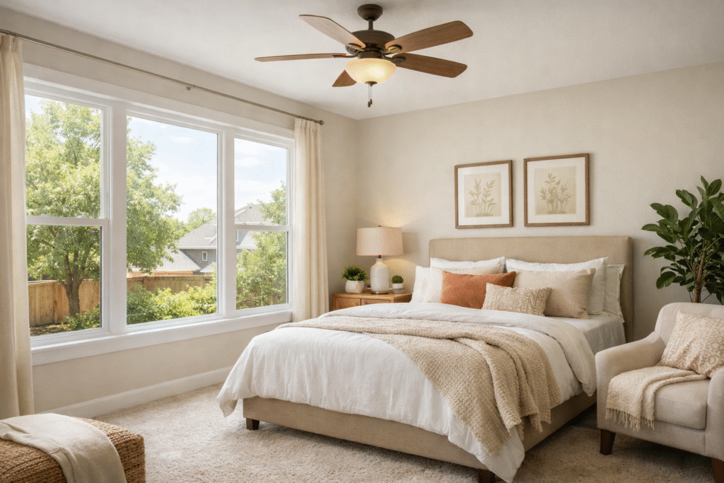 Upstairs bedroom with energy-efficient windows reducing heat in a Texas home.