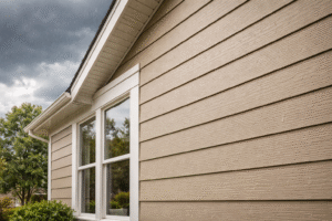 Close-up of modern beige siding on a suburban Texas home with rain falling and dark storm clouds overhead.