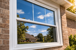 Energy-efficient double-pane replacement window installed on a Dallas suburban brick home exterior.
