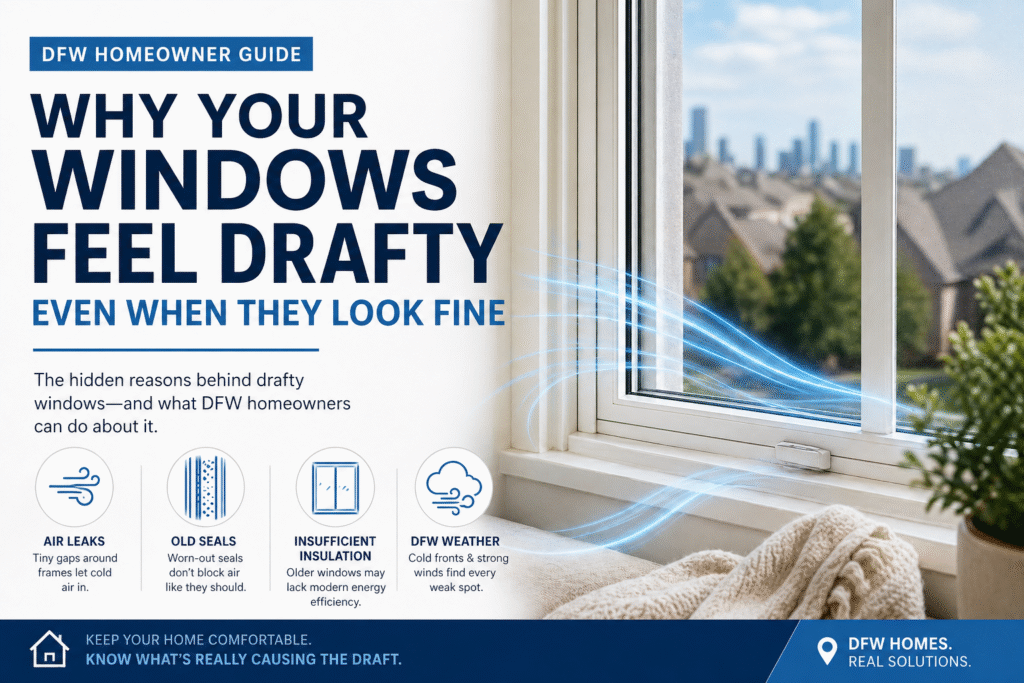 Sunlit modern living room with a close-up of a residential window showing visible air drafts entering around the frame, illustrating hidden causes of drafty windows in DFW homes.