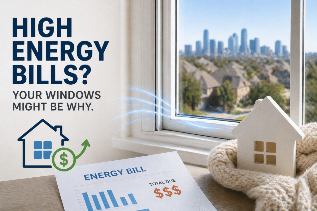 Bright residential window with sunlight streaming in beside a utility bill and miniature house model, symbolizing how inefficient windows can contribute to high energy bills for DFW homeowners.