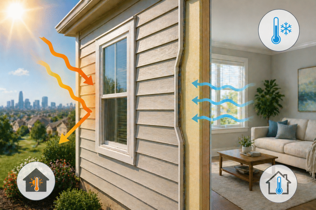 Exterior of a home with insulated siding and a comfortable indoor living space, illustrating how new siding can help regulate indoor temperatures and improve energy efficiency in DFW homes.
