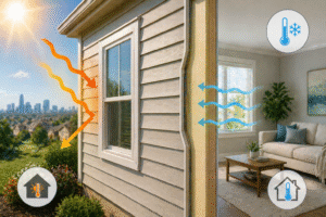 Exterior of a home with insulated siding and a comfortable indoor living space, illustrating how new siding can help regulate indoor temperatures and improve energy efficiency in DFW homes.