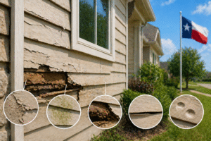 Exterior of a Texas home with visibly cracked and deteriorating siding, illustrating warning signs that siding may no longer be protecting the home from weather and moisture.