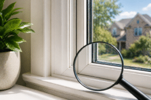 Close-up of a modern residential window frame with a magnifying glass inspecting corner seals, symbolizing early signs of window frame failure before major damage occurs.
