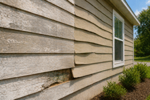 Close-up of faded and warped residential siding with visible buckling and wear, showing how siding damage can signal deeper protection and moisture issues beyond appearance.