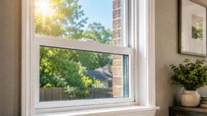 White vinyl replacement window bringing bright summer light into a comfortable DFW home.