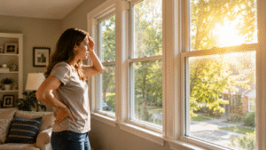 Homeowner noticing bright heat through older windows that may be raising energy bills.